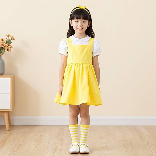 Photograph of a young Asian girl with straight black hair, wearing a yellow dress, white shirt, yellow-striped socks, and white shoes, standing in