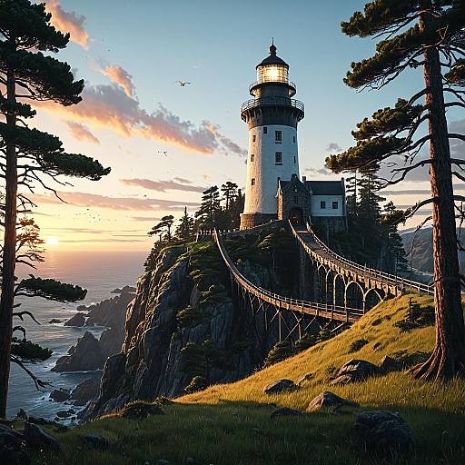 Giant Brigandine Lighthouse on Cliff at Sunset