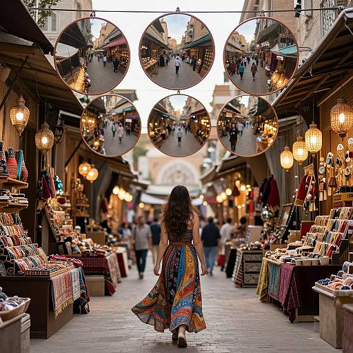 Photograph of a bustling market alley with a woman in a colorful, flowing dress, viewed from behind, surrounded by hanging mirrors reflecting the scene, and