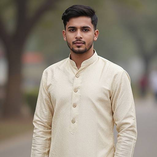 Photograph of a handsome young South Asian man with dark hair and beard, wearing a shiny, cream-colored long-sleeve kurta, standing outdoors