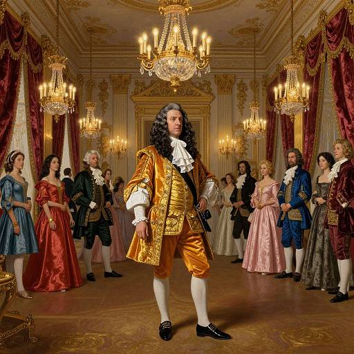 18th-century portrait of a dignified man in gold velvet suit, white cravat, and white stockings, standing in opulent room with ch