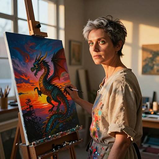 Photograph of a gray-haired woman painting a vibrant dragon on canvas in a sunlit studio, wearing a stained shirt, with palette and brushes nearby.