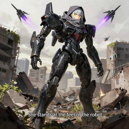 Digital art of a black armored robot with glowing purple eyes and shoulder cannons, standing in a ruined, war-torn cityscape. Text: 