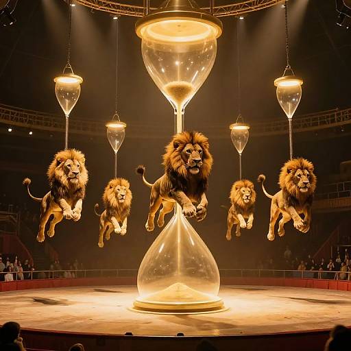 Surreal Lions Leaping Through Giant Hourglass Beams