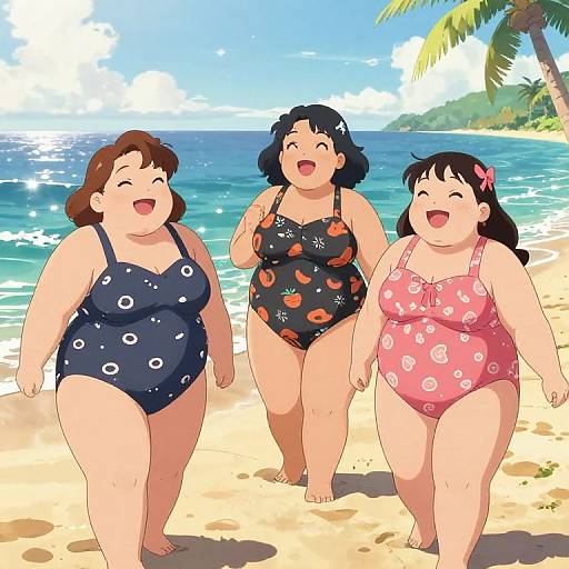 Three happy, plus-sized women in colorful swimsuits joyfully walk on a sunny beach with turquoise water and palm trees. Anime-style digital art.
