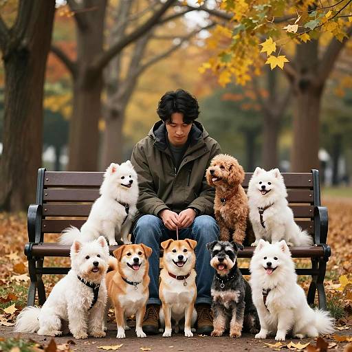 Man on Bench with Five Dogs