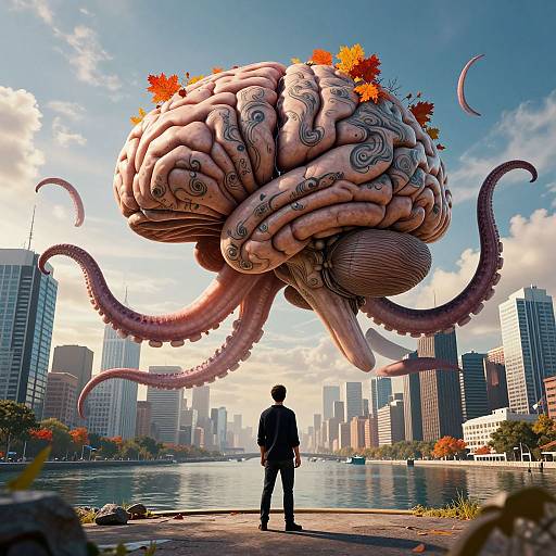 Photorealistic CGI: Silhouetted man gazes at enormous, tentacled, brain-like creature floating above a city skyline by a river