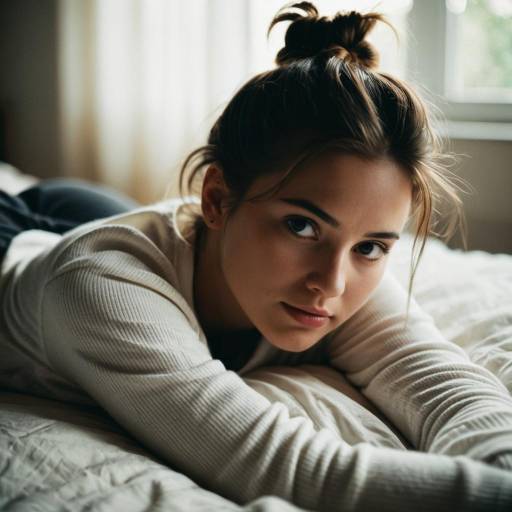 Young Woman Lying on Bed with Messy Bun
