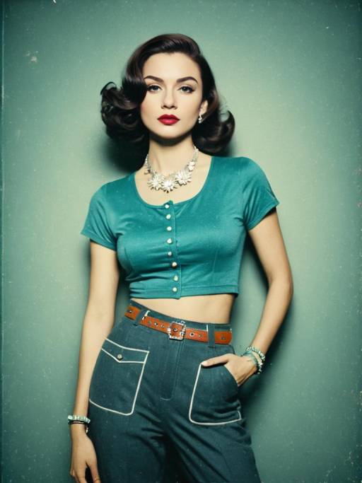 Retro Style Woman in Blue Crop Top and High-Waisted Pants