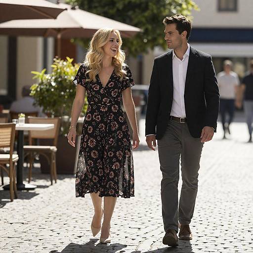 Couple Walking on Cobblestone Street