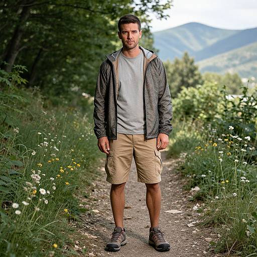 Photograph of a bearded man in a gray jacket, white shirt, beige shorts, and hiking boots standing on a forest path with wildflowers and
