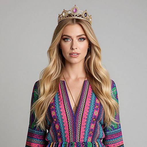 Blonde Woman in Colorful Crowned Dress