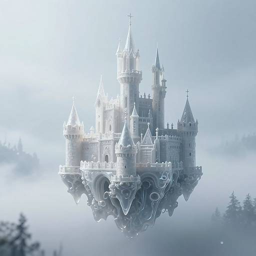 Ethereal, floating, medieval castle with intricate spires and turrets, surrounded by misty, snow-covered forest. Digital CGI artwork with a
