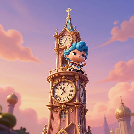 Chibi-style blue-haired character with big eyes and striped shirt sits atop a whimsical, golden clock tower against a pink and purple sunset sky. Digital
