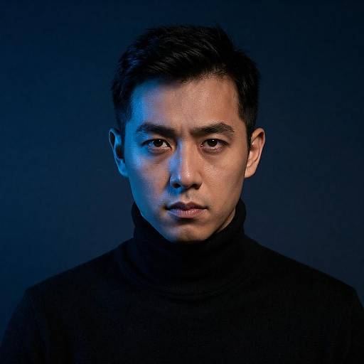 Serious Man in Black Turtleneck with Blue Lighting