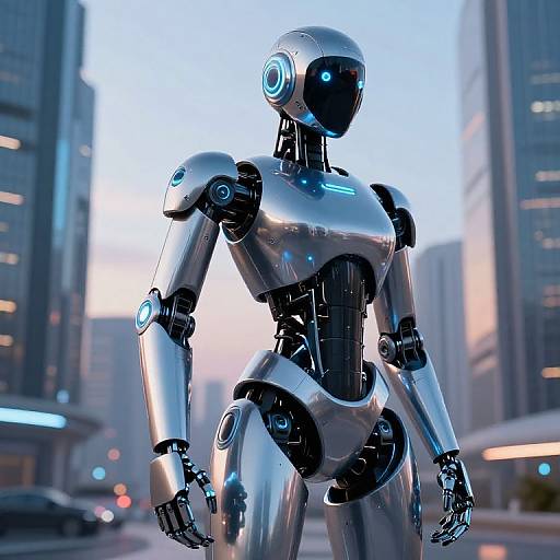 Photorealistic CGI of a sleek, silver humanoid robot with glowing blue eyes standing in a futuristic city street at sunset.