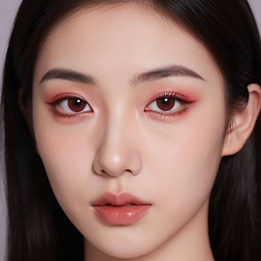 Close-up photograph of an Asian woman with fair skin, black hair, red eye makeup, and subtle pink lips, looking directly at the camera.