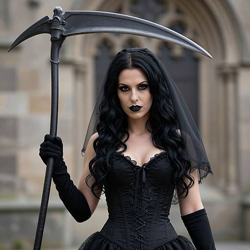 Photograph of a pale-skinned woman with long black hair, wearing a black lace corset, veil, gloves, and holding a scythe,