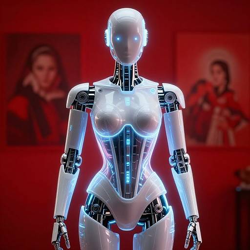Photorealistic CGI of a glowing, futuristic female android with blue accents, highlighted breasts, and mechanical joints, standing in front of red, blurred portraits