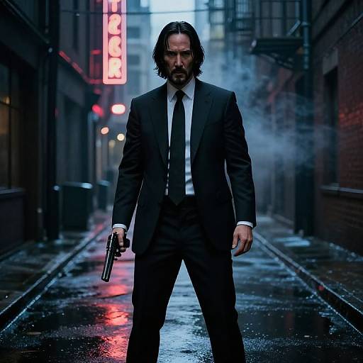 Photograph of a serious, bearded man in a black suit holding a gun, standing in a misty, rainy, neon-lit alleyway