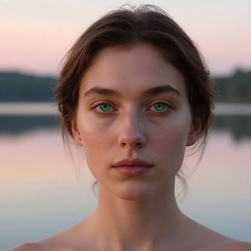 Photograph of a young woman with green eyes, fair skin, and brown hair, set against a blurred sunset over a lake.