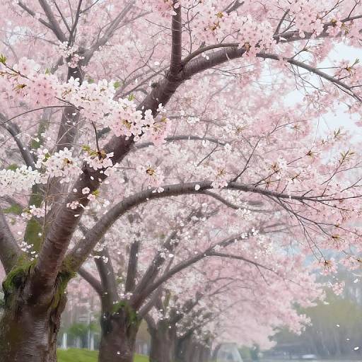 Photograph of a blooming cherry tree with pink flowers, dark brown branches, and a soft, blurred background of more cherry trees.