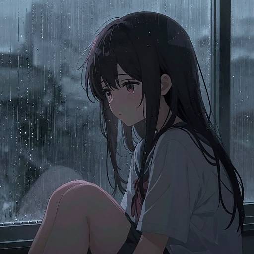 Anime-style digital drawing of a sad, long-haired girl in a school uniform sitting by a rainy window at night.