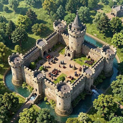 Aerial CGI of a medieval stone castle with four towers, surrounded by lush greenery, a moat, and small groups of people on the courtyard