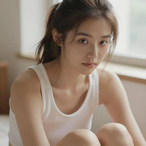 Photograph of an Asian woman with long brown hair, wearing a white tank top, sitting indoors by a sunlit window, looking thoughtfully at the