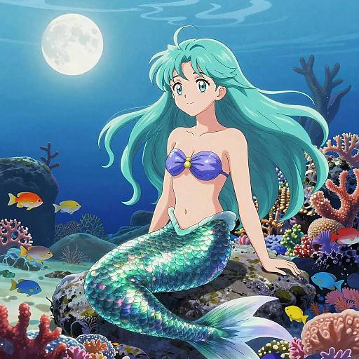 Anime-style digital illustration of a turquoise-haired mermaid with a blue top and shimmering green-scaled tail, sitting on a coral reef under a full