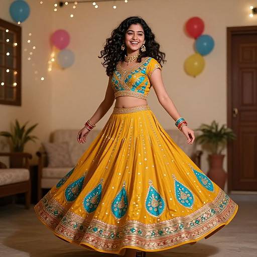 Photograph of a smiling South Asian woman with curly black hair, wearing a vibrant yellow traditional lehenga with blue peacock patterns, in a warmly lit