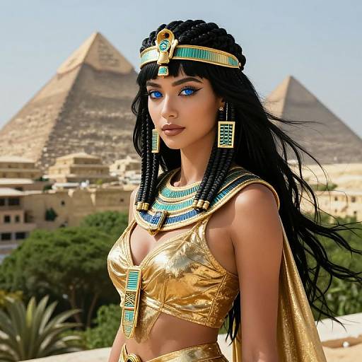 Digital art of an Egyptian woman with black hair, blue eyes, golden top, and blue-green jewelry, standing in front of pyramids.