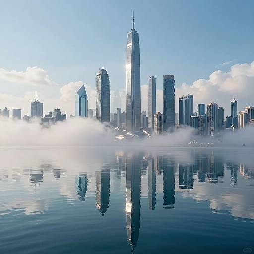 Photograph of New York City skyline with One World Trade Center, surrounded by misty fog reflecting in calm water, under clear blue sky.