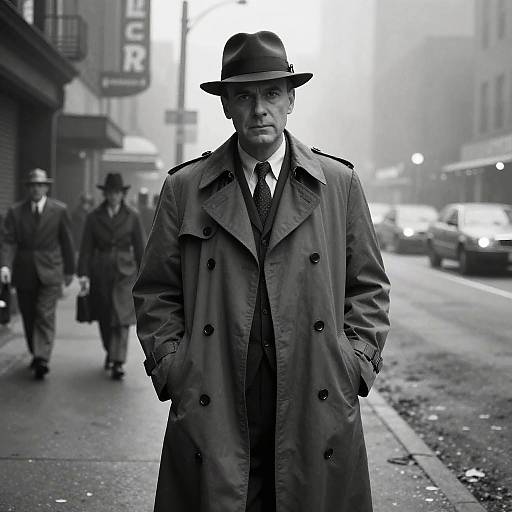 Black-and-white photograph of a serious man in a trench coat and fedora standing on a foggy city street, surrounded by blurred pedestrians and cars.