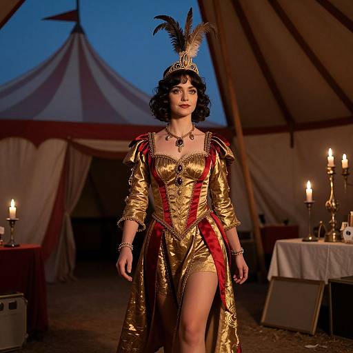 Photograph of a woman in a gold and red 18th-century-style dress with feathered headpiece, standing in a dimly lit circus tent
