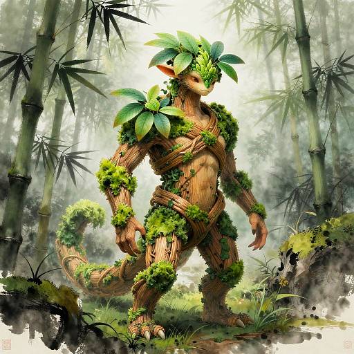 Plant-Based Creature in Misty Bamboo Forest