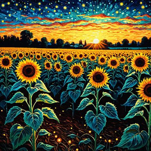 Glowing Sunflower Field at Sunrise in Van Gogh Style