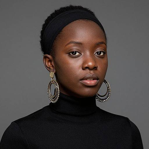 Photograph of a young Black woman with dark skin, wearing a black turtleneck and large silver hoop earrings, gazing slightly to the right,