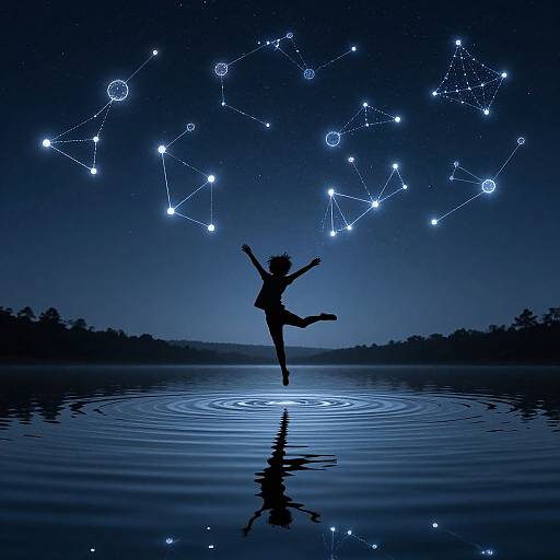 Silhouetted dancer jumping on water reflects a night sky with constellation, stars, and ripples, creating a magical, celestial scene.