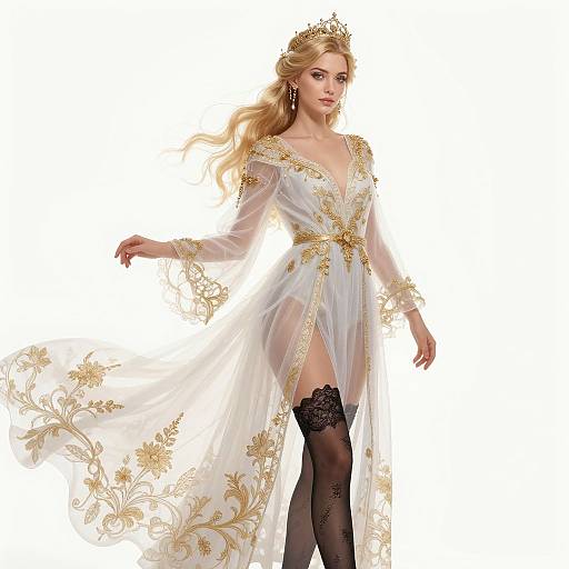 Photograph of a blonde woman in a sheer, white, gold-embellished robe, black lace stockings, and a gold tiara, standing
