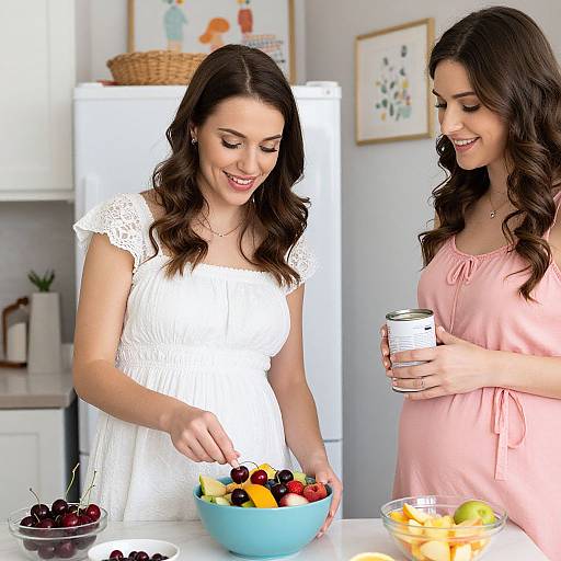 Photograph of two smiling brunette women in a bright kitchen; one in white dress, other in pink, arranging fruit in a bowl.