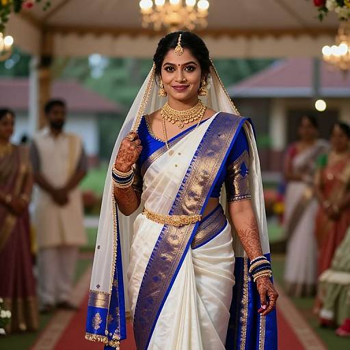 Photograph of a traditional Indian bride in a white and blue saree, adorned with gold jewelry, walking down an aisle. Background includes blurred wedding guests