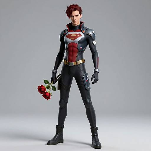 Digital artwork of a red-haired man in a black superhero suit with red and blue accents, holding red roses, standing against a gray background.