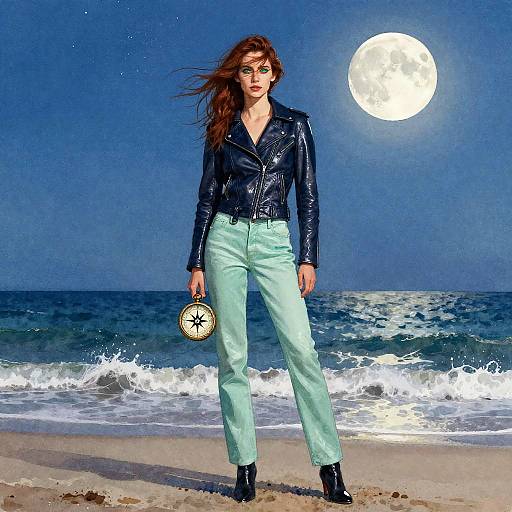 Poised Figure on Moonlit Beach