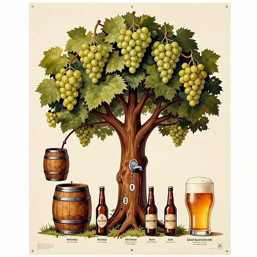 Illustration of a grape tree with clusters of yellow grapes, wooden barrels, beer bottles, and a glass of beer on grass.