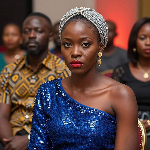 Black Woman in Blue Sequined Dress with Sparkly Headpiece