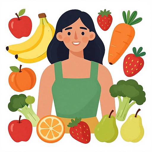 Cartoon-style illustration of a smiling woman with black hair, wearing a green tank top, surrounded by various colorful fruits and vegetables.