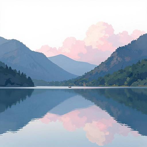 Digital painting of a serene mountain lake at dusk, featuring calm waters reflecting pink and blue mountains and trees.