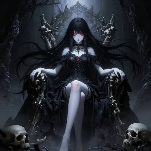 Digital art of a pale, red-eyed, black-haired woman with long hair, sitting on a bone throne, surrounded by skulls and dark, eerie atmosphere