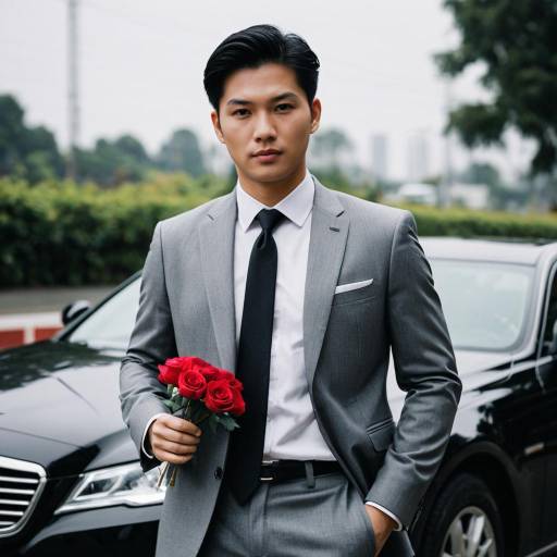 Asian Man in Grey Suit Holding Red Roses